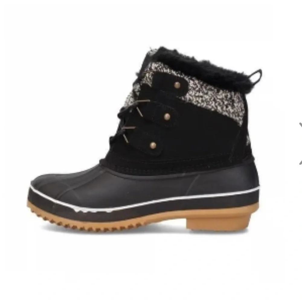 Khombu Waterproof Duck Boot With Knit Cuff and Faux Fur Lining Sz 6 Black/White
